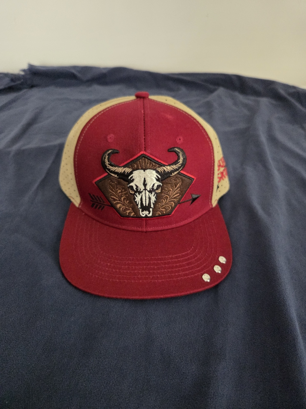Men's Western Red and Tan Trucker Cap with Bull Skull Patch
